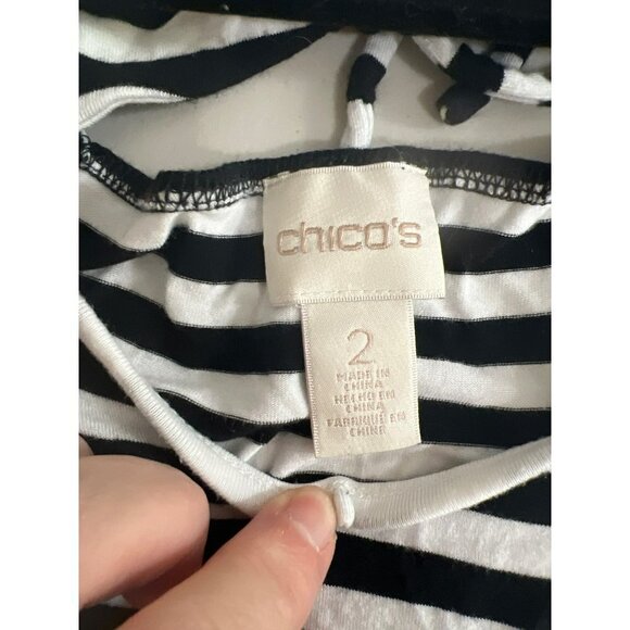 Chicos Sz 2 (US 12) V Neck T Shirt Midi Dress Black White Horizontal Stripe Fun - Picture 7 of 8